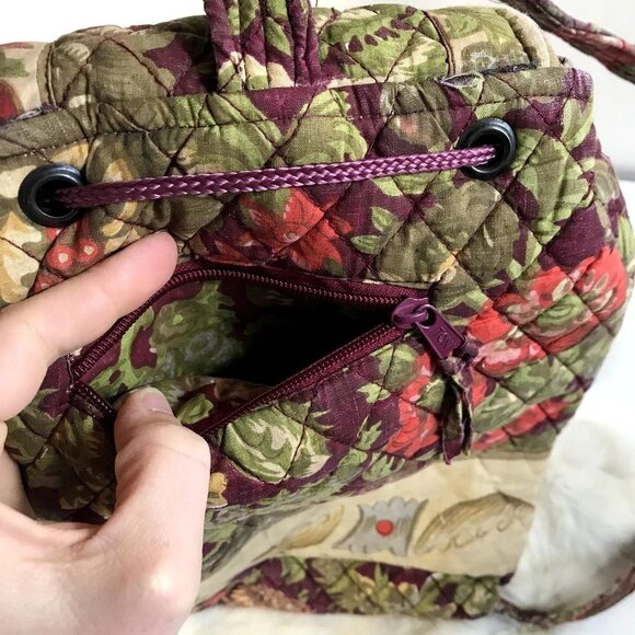 Vintage Quilted Cottagecore Fabric Drawstring Backpack 1990s Floral Bag Taupe main image 6